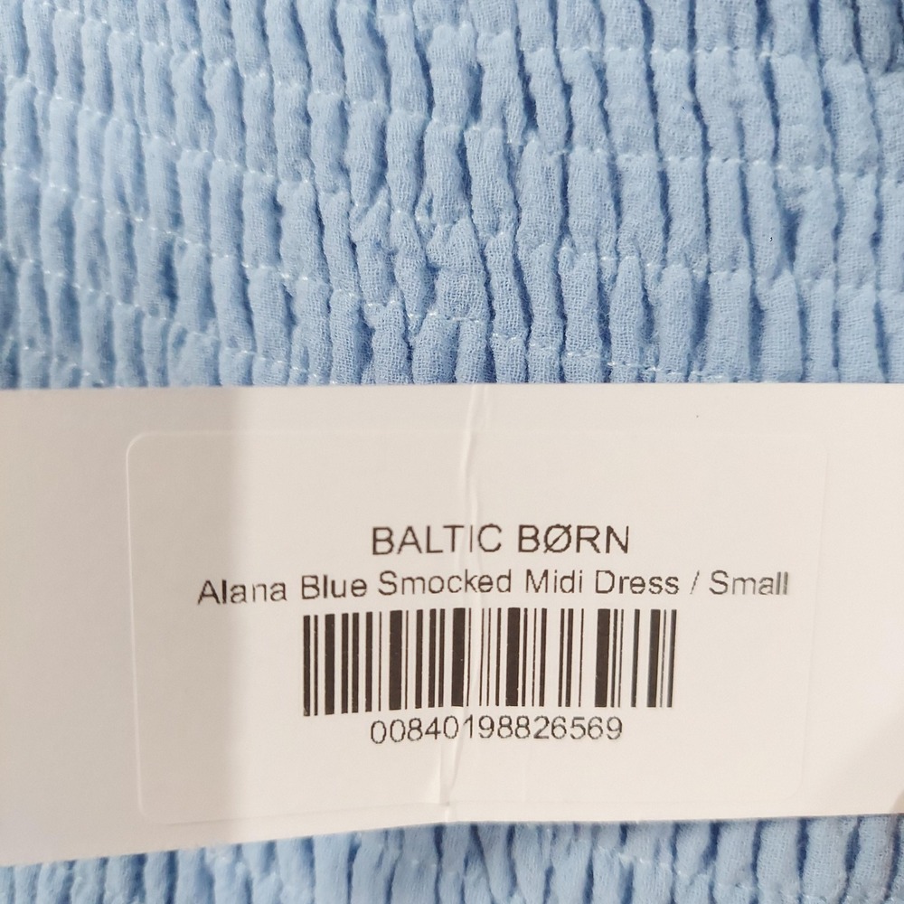 Baltic Born Dress Womens Small Blue Smocked Midi Bodycon Puff Sleeve Ruffle Hem - Picture 4 of 9